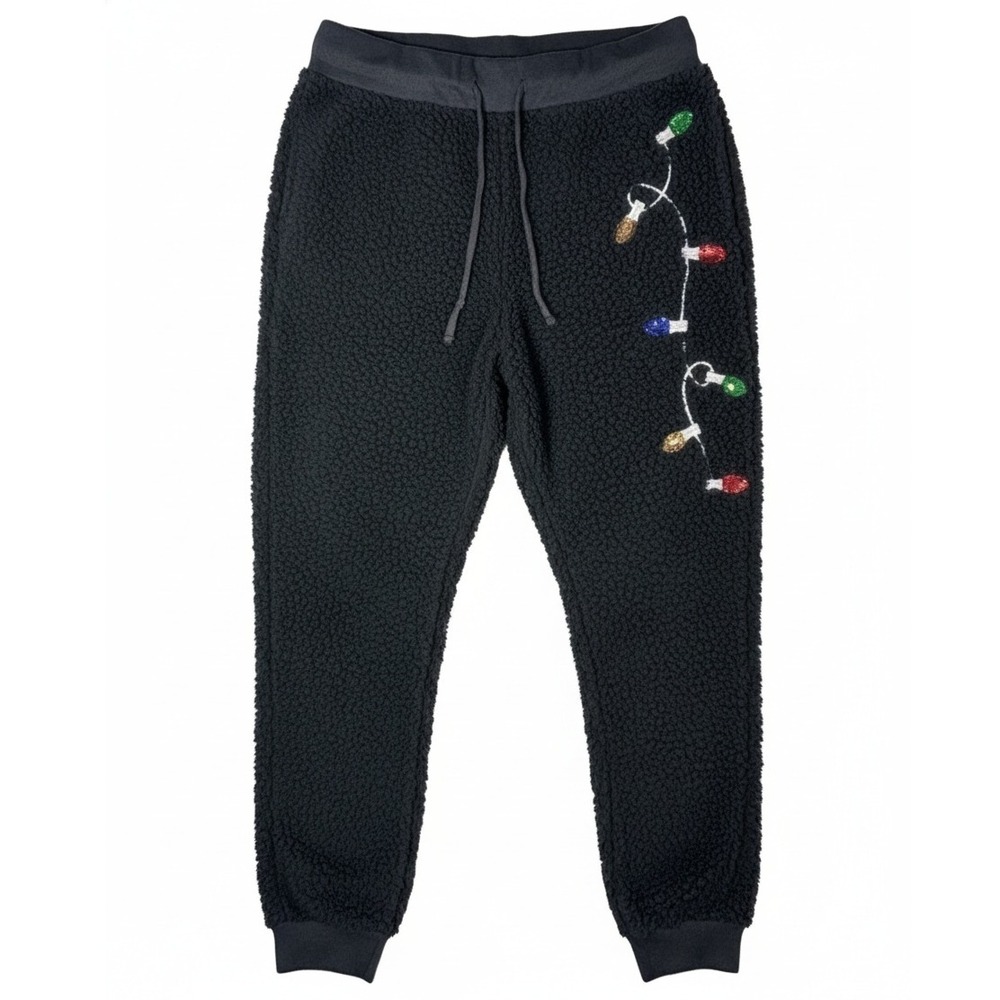 Black Sherpa Fleece Christmas Light Sequin Jogger Sweatpants L